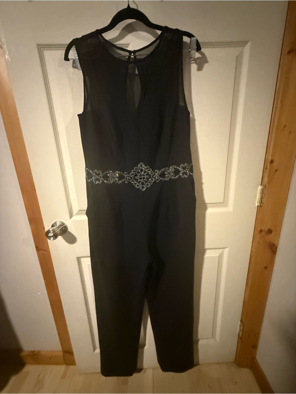 JS Boutique Black Rhinestone Waist Mesh Jumpsuit, Size 14